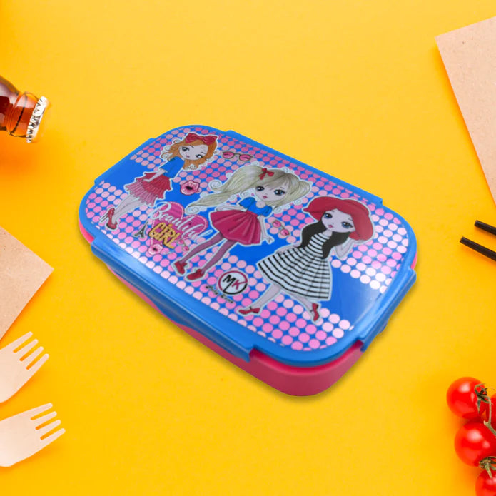 5485 Cartoon Printed Plastic Lunch Box With Inside Small Box  Spoon For Kids Air Tight Lunch Tiffin Box For Girls Boys Food Container Specially Designed For School Going Boys And Girls