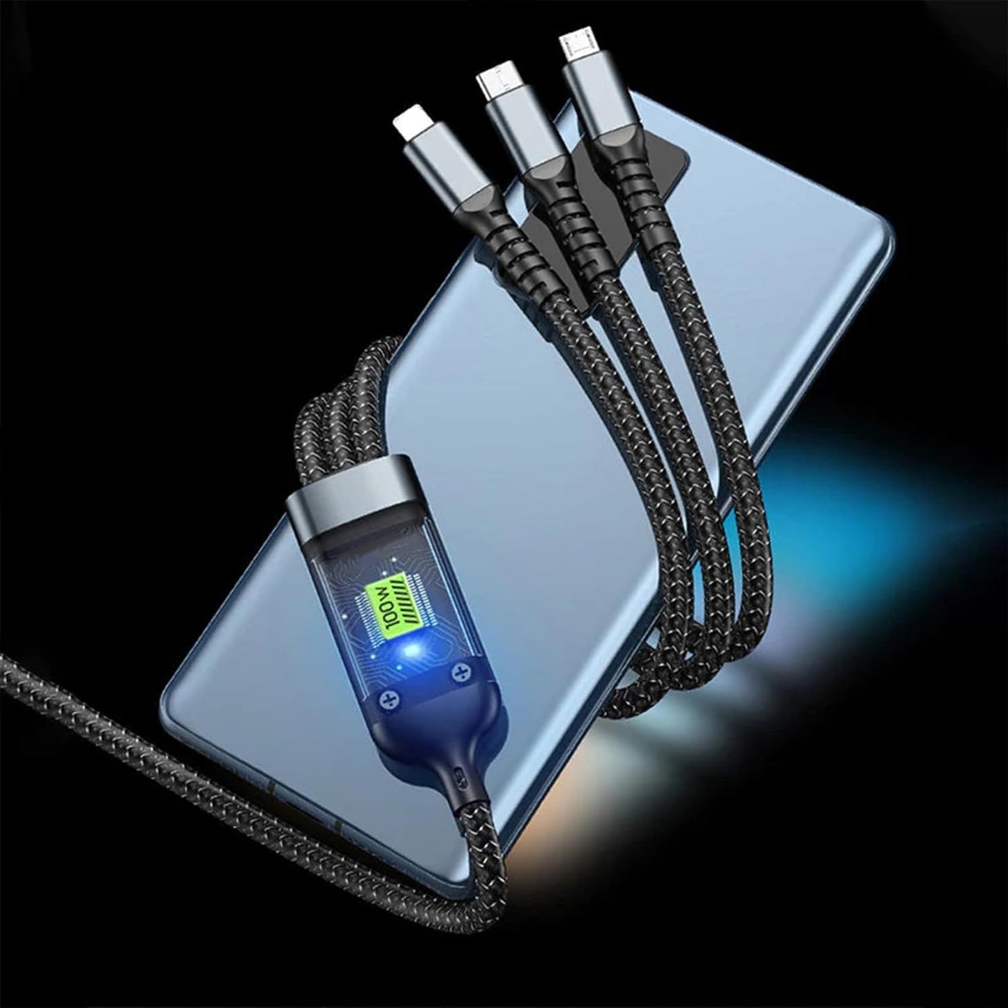 13111 3-in-1 Super Fast Charging Cable 100w Multifunctional Convenient Super Fast Charging Cable Nylon Braided Cord 3-in-1 Silicone Zinc Alloy 3 Head Charging Cable