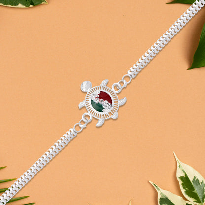 Turtle Motif Rakhi With Red-green Enamel And Silver Metal Chain
