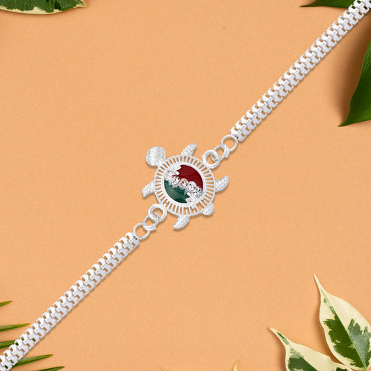 Turtle Motif Rakhi With Red-green Enamel And Silver Metal Chain