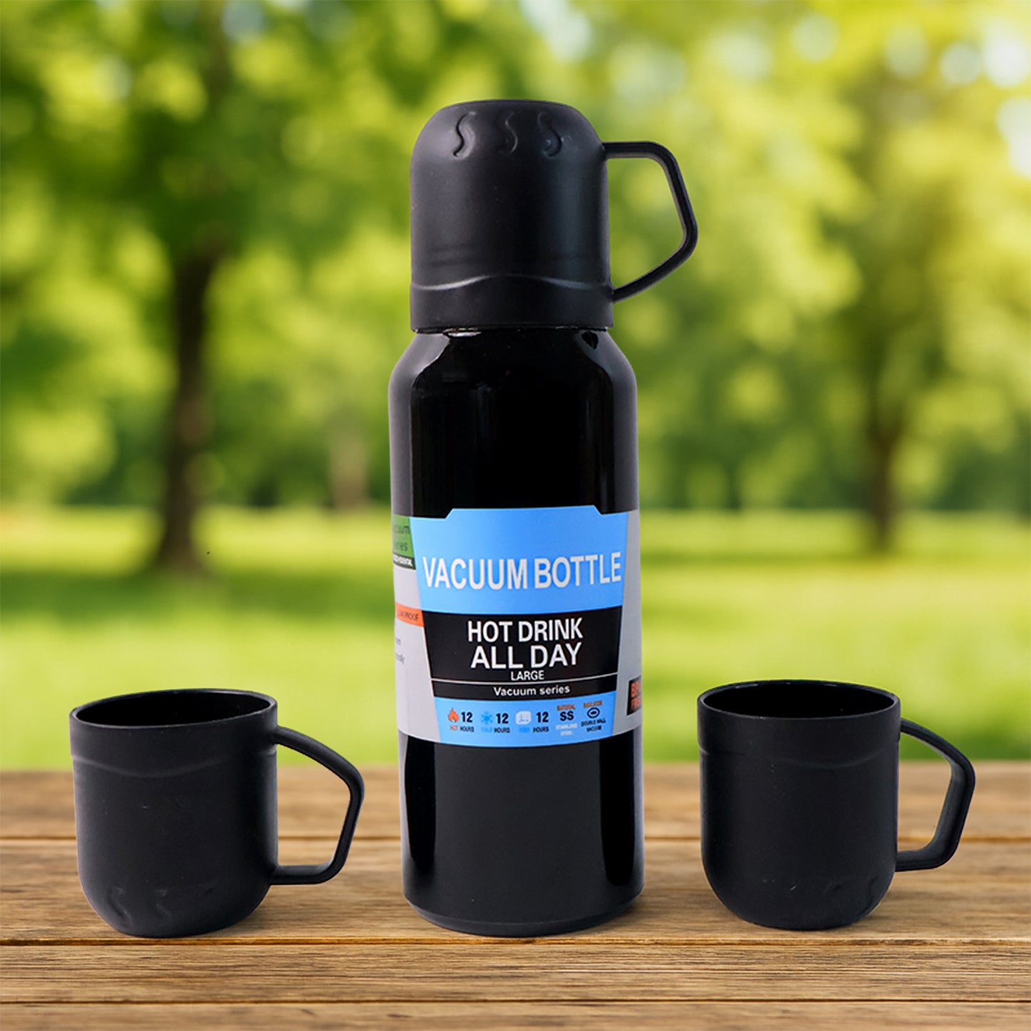 Black Vacuum Flask Set  Stainless Steel Thermos With 3 Cups Approx 500ml
