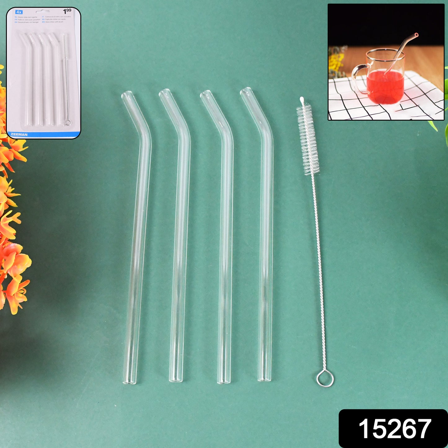 4 Pcs Reusable Glass Straws With 1 Cleaning Brushes