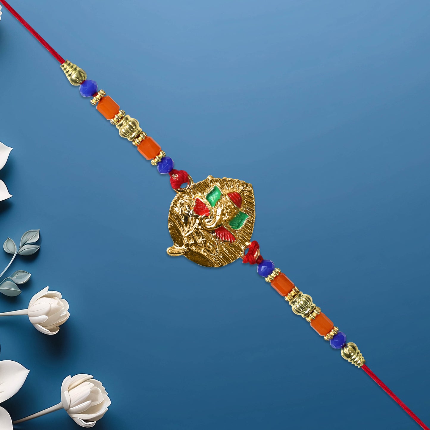 Ganesh Leaf Motif Rakhi With Colorful Beads