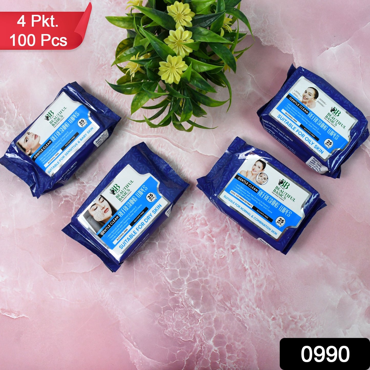 Beautiful Basics Dry Oily Sensitive  Normal Skin Face Wipes (4 Pkts X 100 Pcs Wipes)