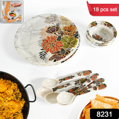 8231 Dream High Quality Plastic Dinning Dinner Set With Unique Flower Design Printed 6 Pc Plates 6 Pc Bowls And 6 Pc Serving Spoon Lightweight Round Plates And Bowls Microwave And Dishwasher Safe (18 Pcs Set)