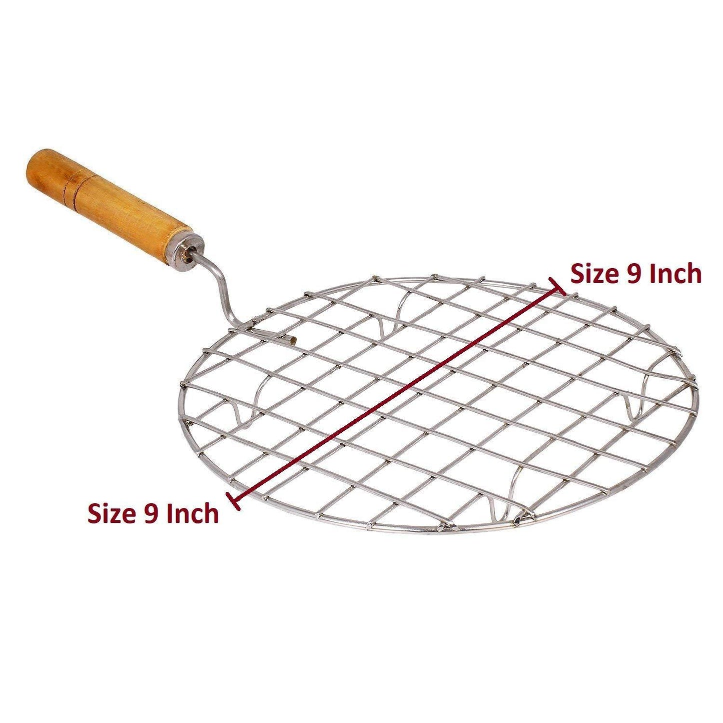 2085 Kitchen Round Stainless Steel Roaster Papad Jali Barbecue Grill With Wooden Handle