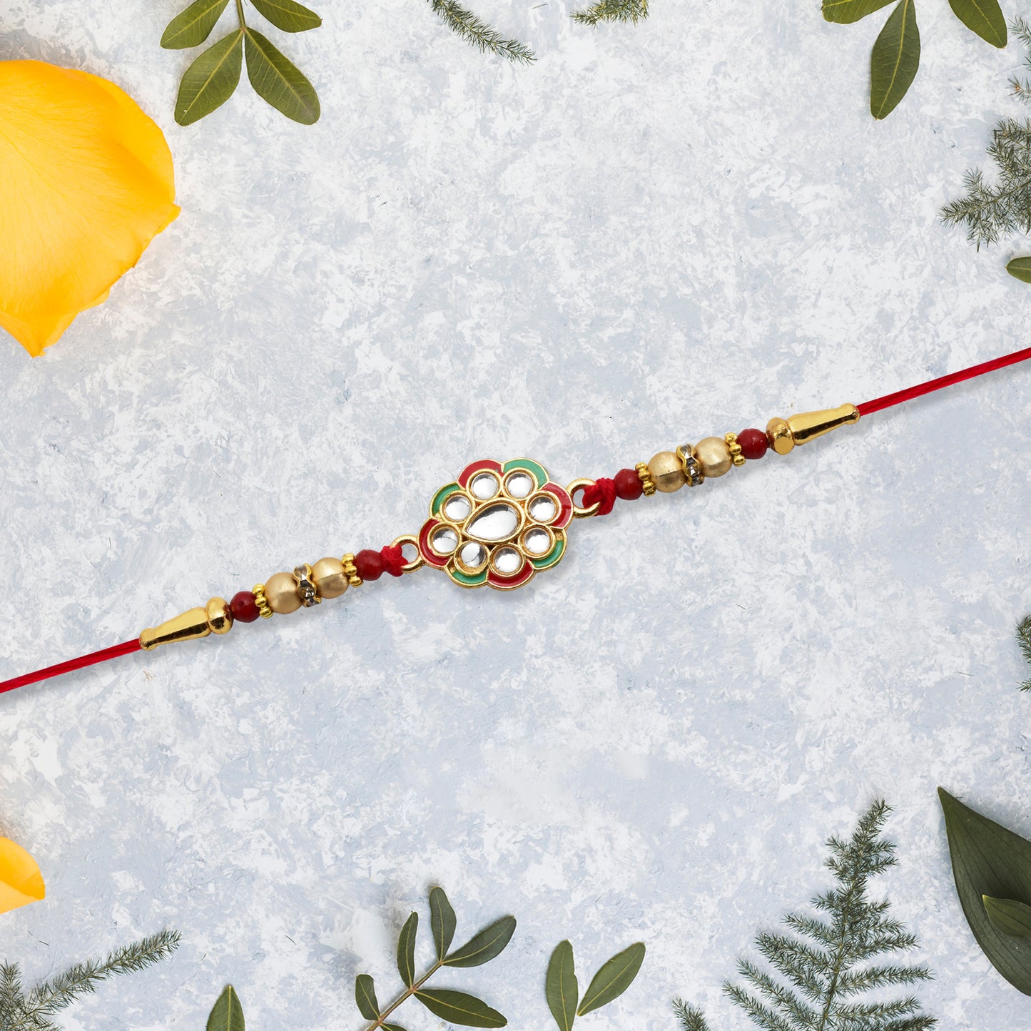 Kundan Work Floral Rakhi With Red Thread