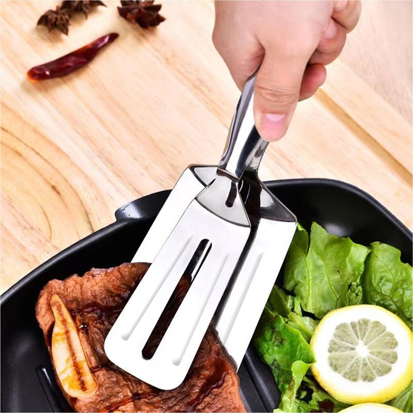 2919 Multifunction Cooking Serving Turner Frying Food Tong. Stainless Steel Steak Clip Clamp Bbq Kitchen Tong.