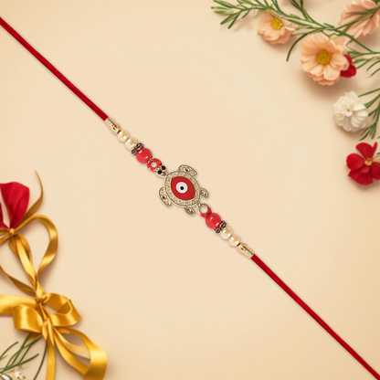 Golden Turtle Design Rakhi With Red Beads  Traditional Mauli Thread