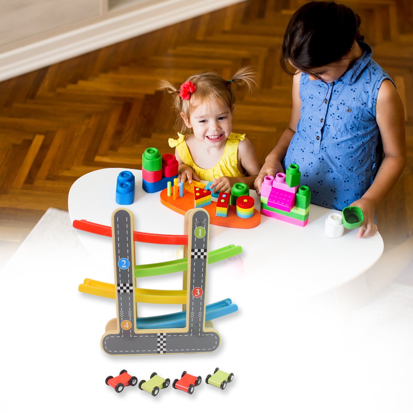 Car Racer Track Play Set Wooden Click Clack Toys With 4 Mini Racers (1 Set)