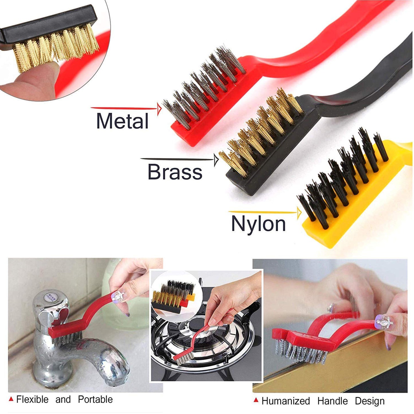 2166 3pc  Mini Wire Brush Set Brass Nylon Stainless Steel Bristles Household Cleaning Brush For Gas Stove Smoke Machine Tool Burner Tiles Tap Rust Removal Welding Slag Dirt  Paint Scrubbing.