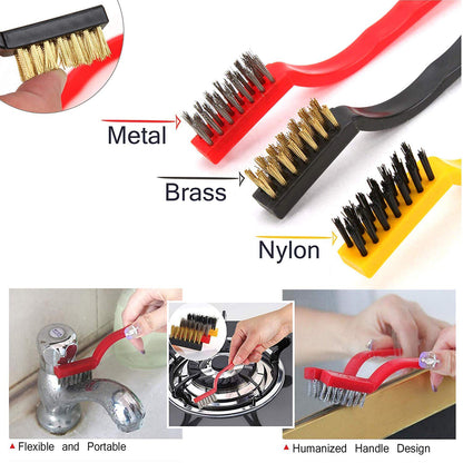 2166 3pc  Mini Wire Brush Set Brass Nylon Stainless Steel Bristles Household Cleaning Brush For Gas Stove Smoke Machine Tool Burner Tiles Tap Rust Removal Welding Slag Dirt  Paint Scrubbing.