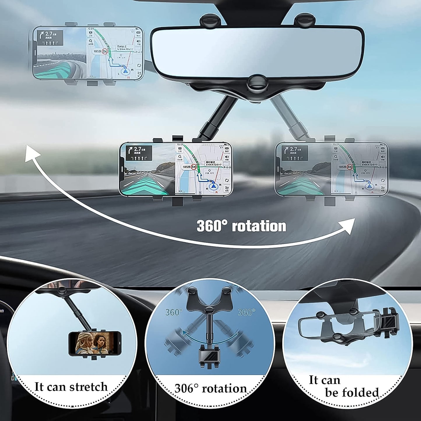 360  Rotating Car Rear View Mirror Phone Holder (1 Pc)