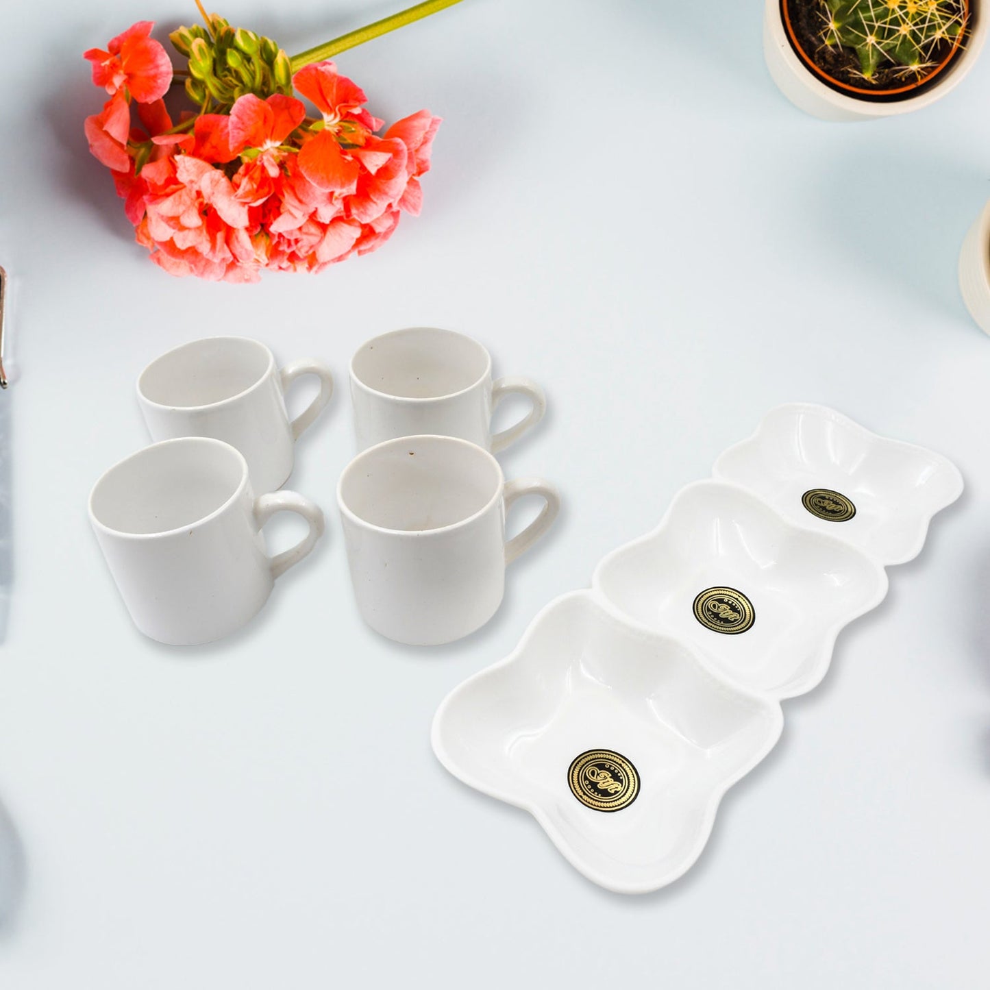 Triple Mazza Ceramic Tea  Cups Set Including 3 Compartment Plastic Serving Platter (4 Pcs Set)