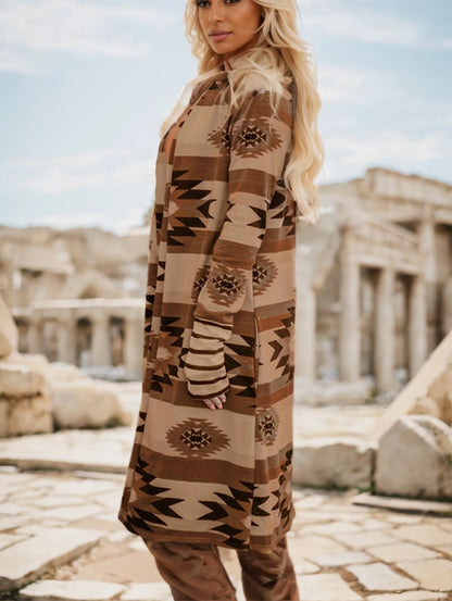 Women's Sweater - Multicolor Geometric Color Block Open Front Long Cardigan