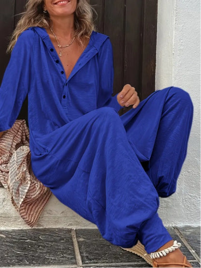 Women'S Casual Beige Hooded Jumpsuit With Long Sleeves And Buttons