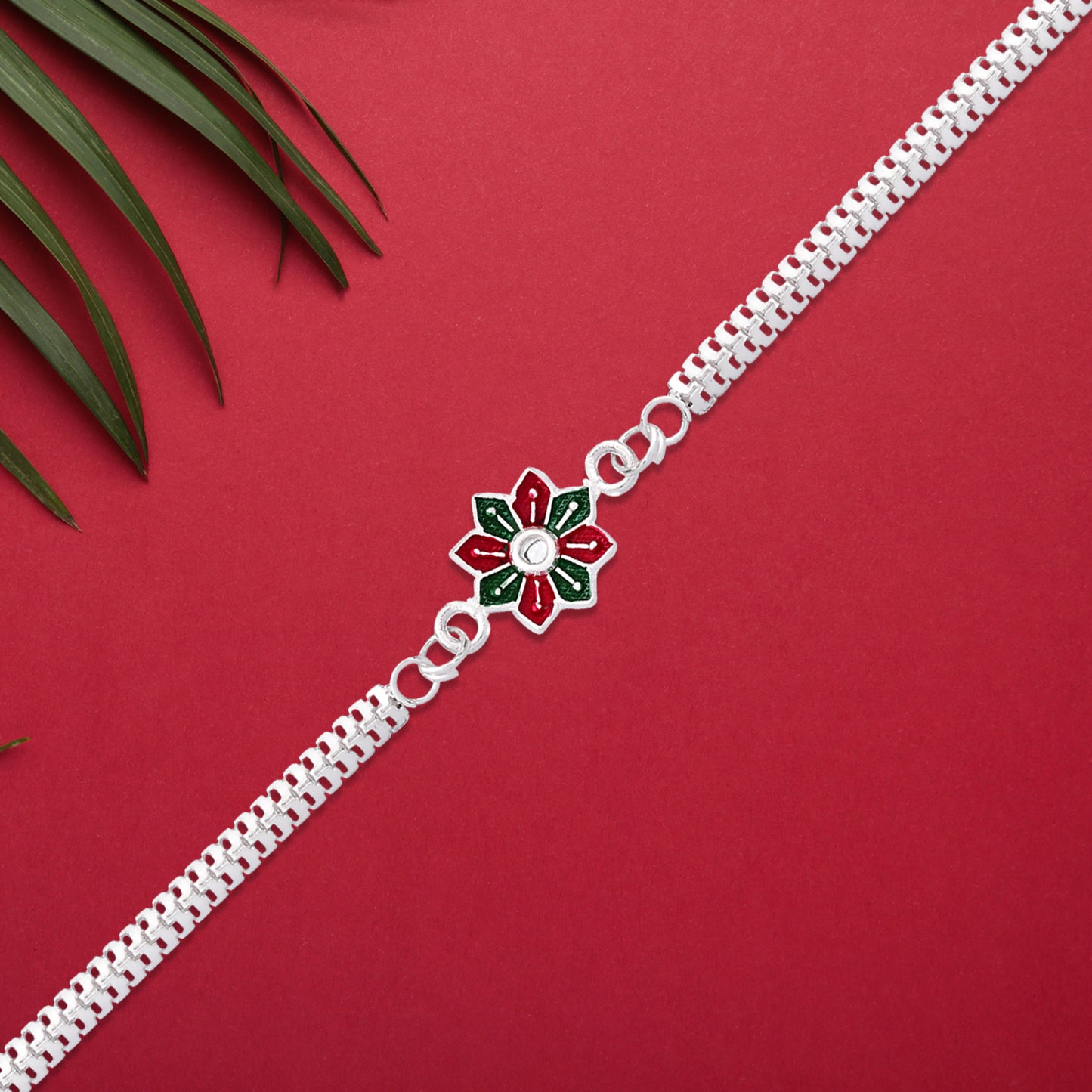 Star Floral Rakhi With Red-green Enamel And Silver Chain