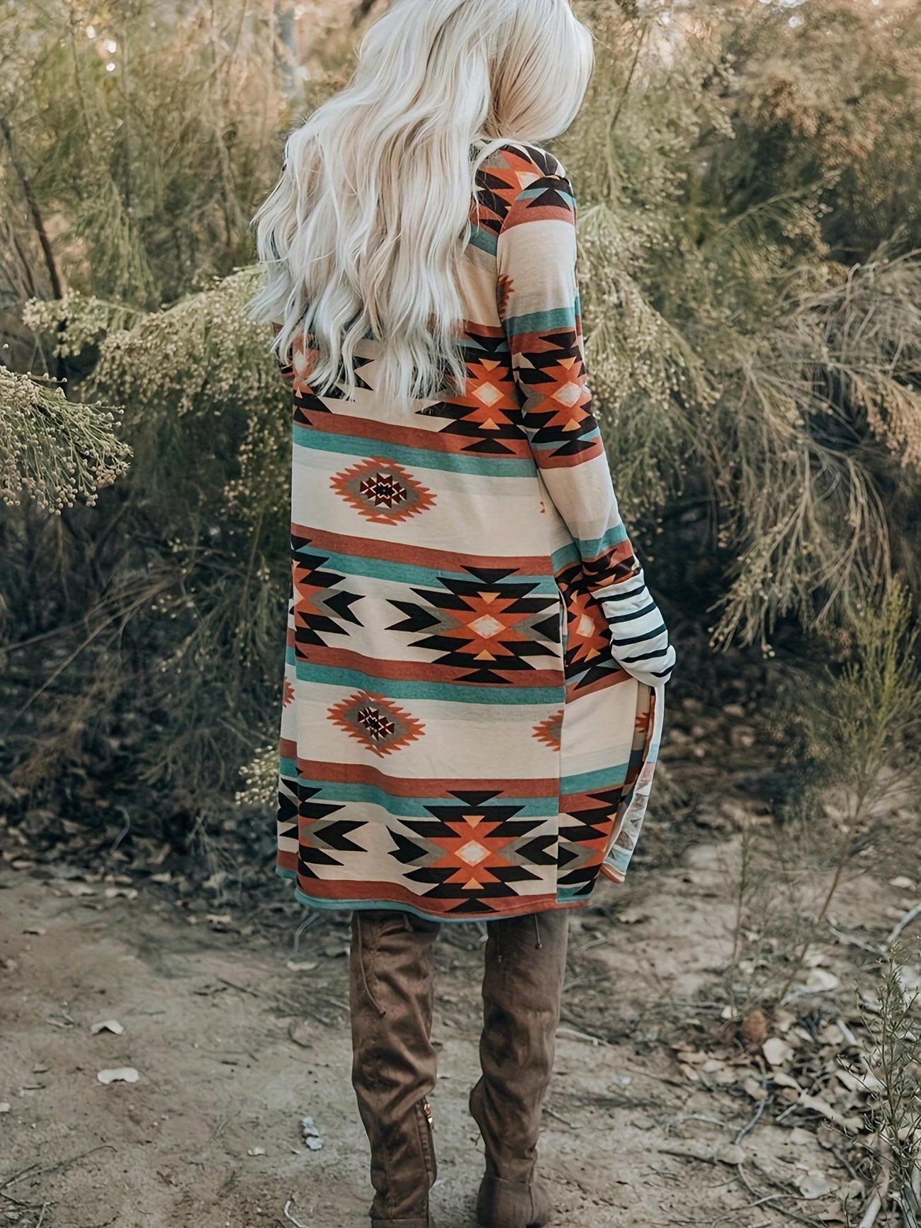 Women's Sweater - Multicolor Geometric Color Block Open Front Long Cardigan