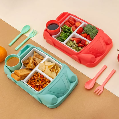 Kids Car Shaped Plates Cup  Lunch Box Dinnerware Set (4 Pcs Set  1000 Ml Lunch Box)