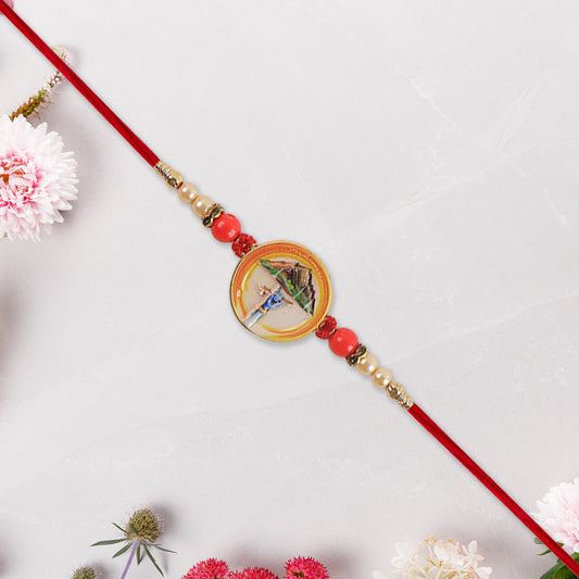 Divine Krishna Govardhan Parvat Rakhi With Pearl  Mauli Thread