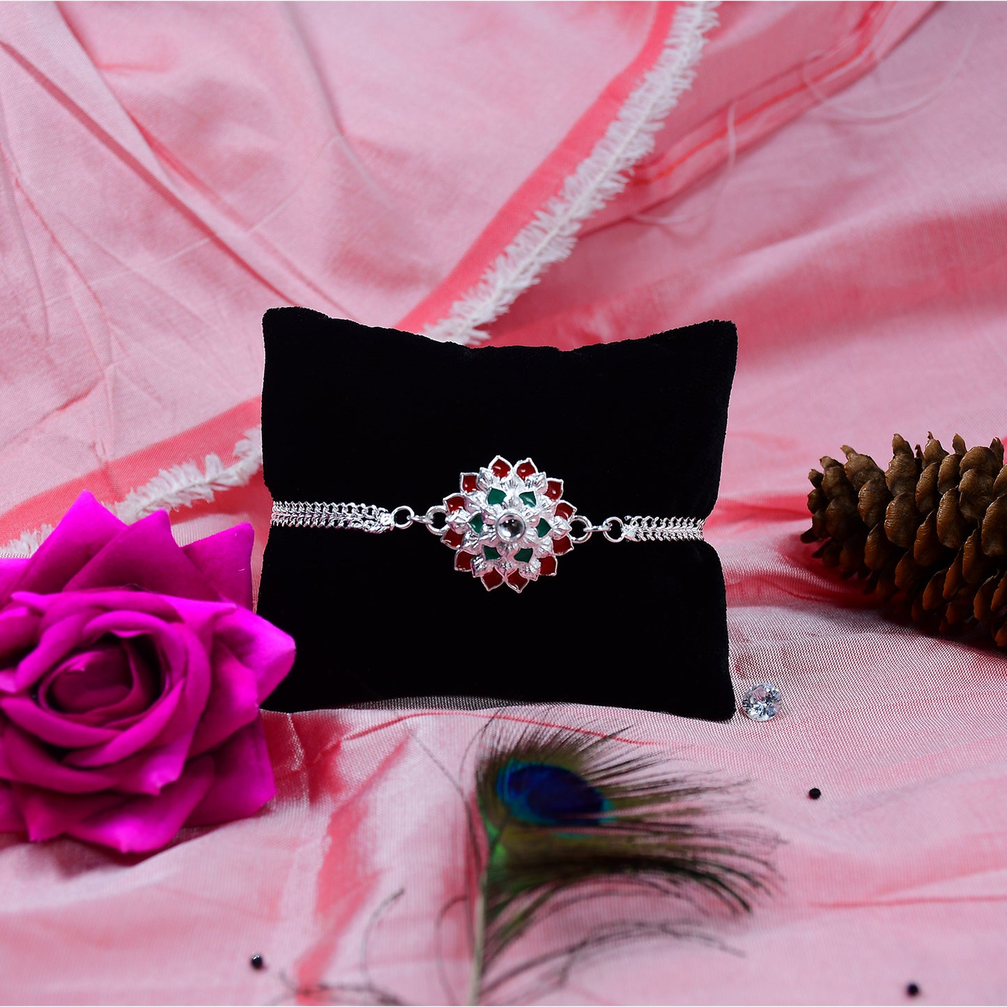 Traditional Floral Rakhi With Red  Green Stones  Silver Designer Rakhi For Brother