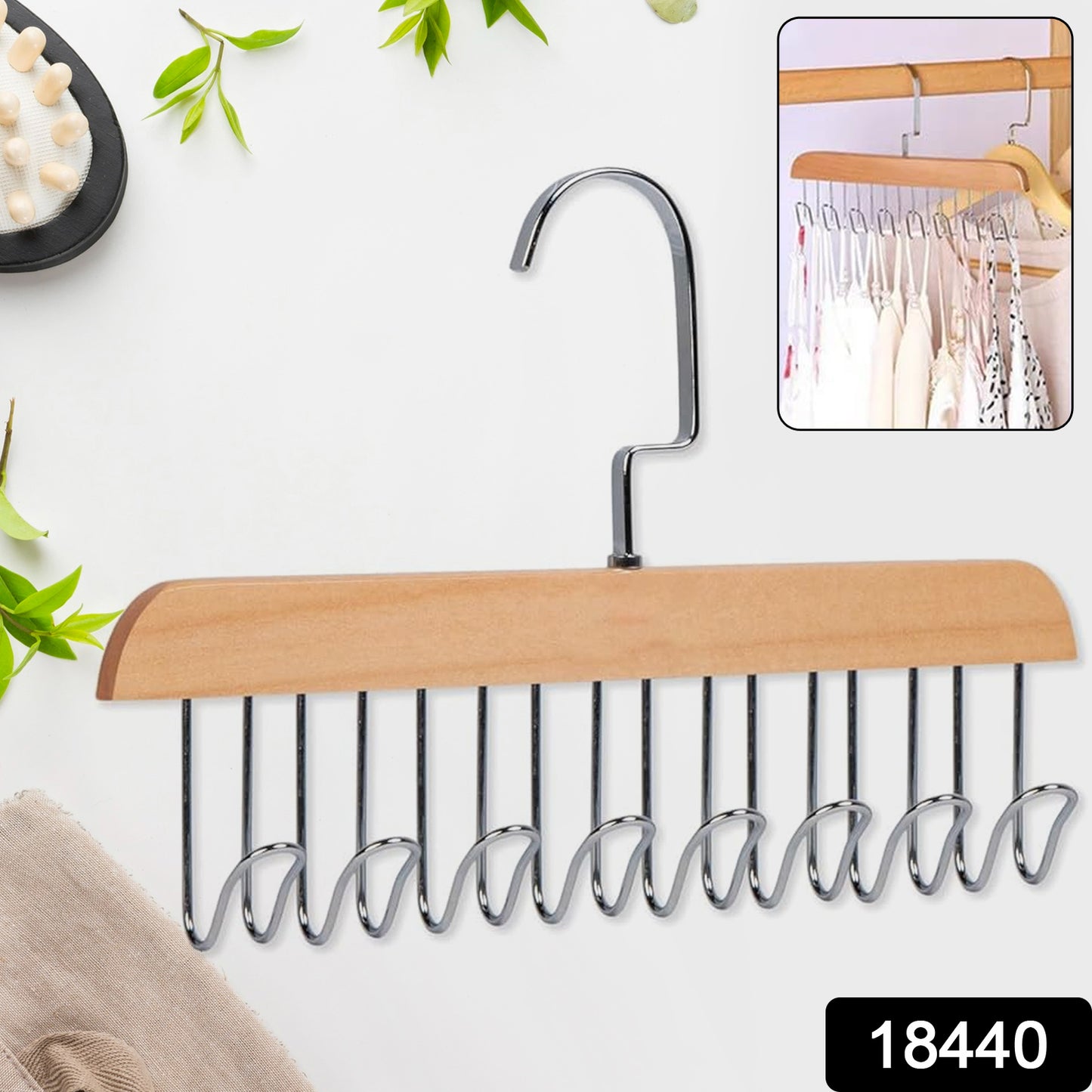 Space Saving 8 Hooks Wooden Hangers (Hanging Hook Included  1 Pc)