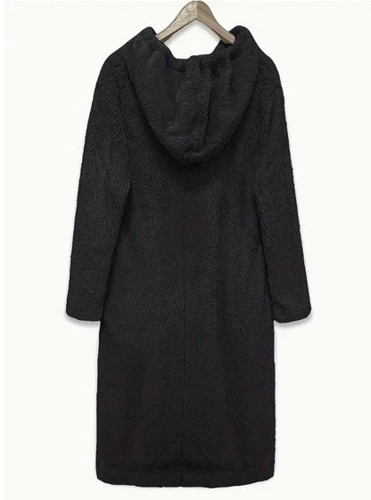 Long Sleeve Plus Size Women's Solid Fleece Drawstring Hooded Dress With Pockets