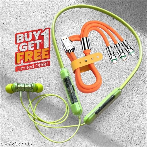 Wireless Bluetooth Neckband With 3 In 1 Charging Cable (Green & Orange, Set of 2)