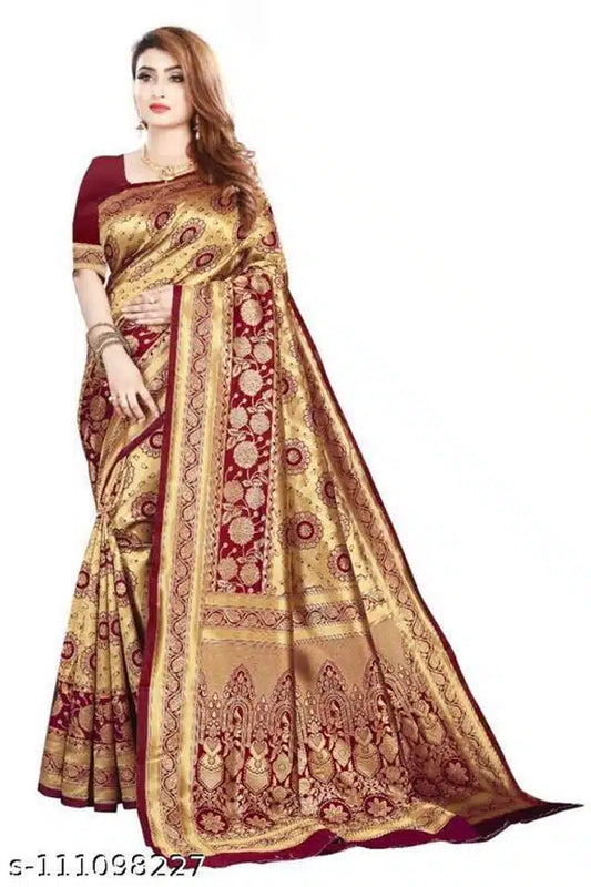 Banarasi Silk Saree With Blouse For Women (Golden & Dark Red, 6.3M)