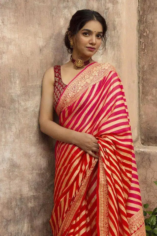 Jacquard Striped Saree for Women (Red, 6.3 m)