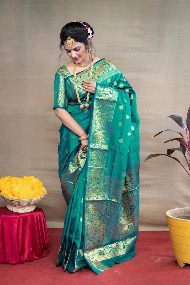 Banarasi Silk Woven Design Saree for Women (Teal, 6.3 m)