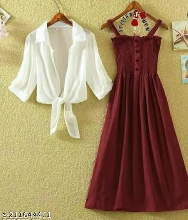 Poly Crepe Dress for Women (Maroon & White, S)