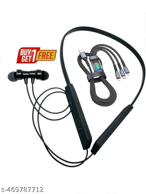 Wireless Bluetooth Neckband With 3 In 1 Charging Cable (Black, Set of 2)