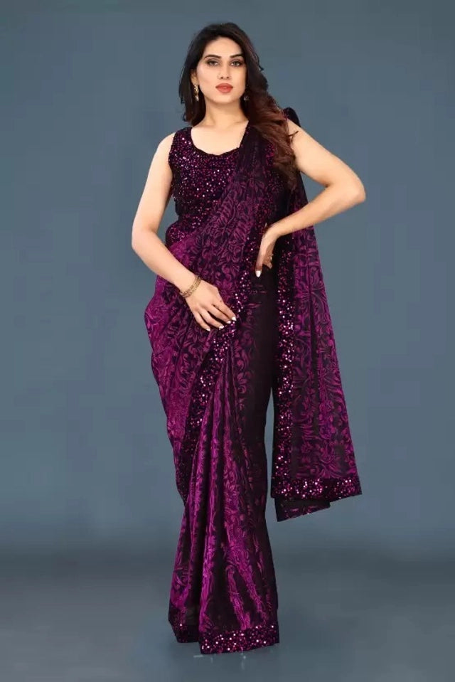 Lycra Blend Solid Saree for Women (Purple, 6.3 m)