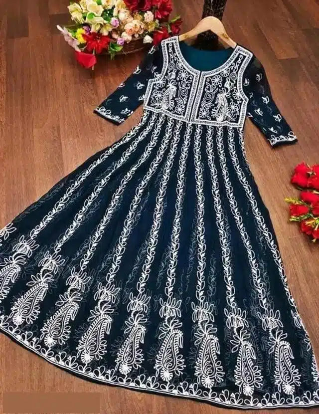 Georgette Embroidered Kurti for Women (Navy Blue & White, S)