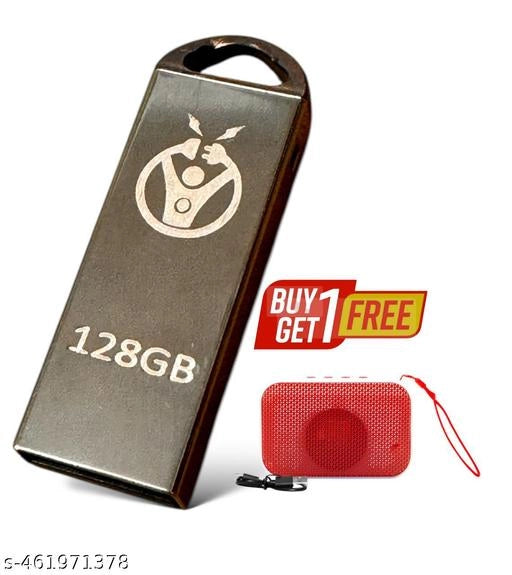 128 Gb Pendrive With Mini Portable Wireless Bluetooth Premium Speaker (Black & Red, Set of 2)