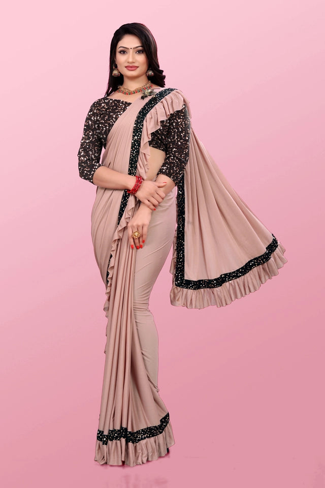 Lycra Blend Solid Saree for Women (Peach, 6.3 m)