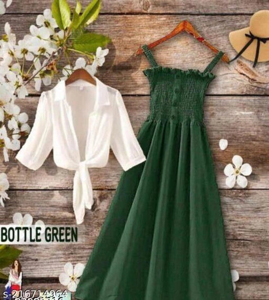 Poly Crepe Dress for Women (Green & White, S)