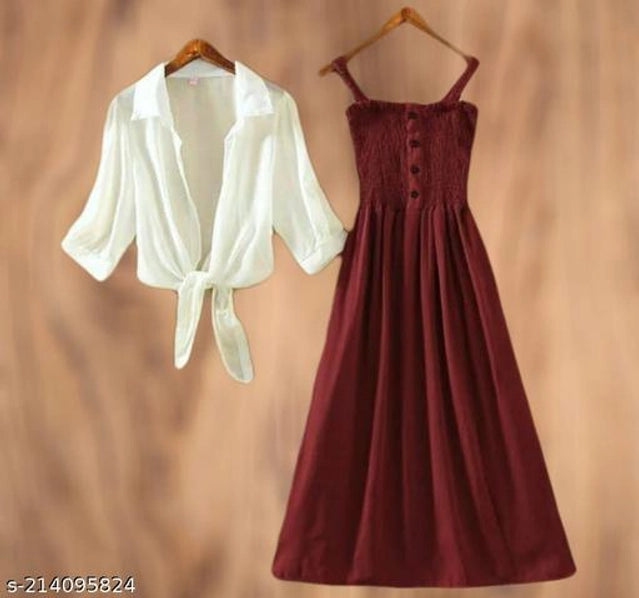 Poly Crepe Dress for Women (Maroon & White, S)