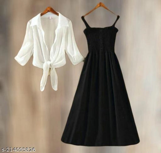 Poly Crepe Dress for Women (Black & White, S)