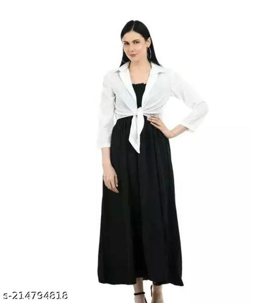 Poly Crepe Dress for Women (Black & White, S)