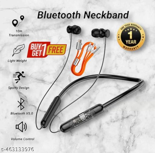 Wireless Bluetooth Neckband With 3 In 1 Charging Cable (Black & Orange, Set of 2)