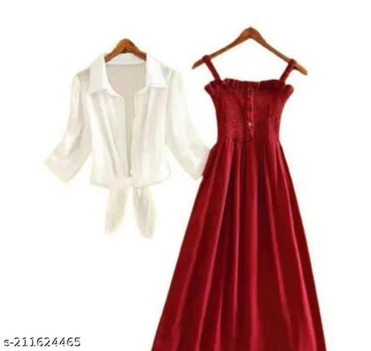 Poly Crepe Dress for Women (Maroon & White, S)