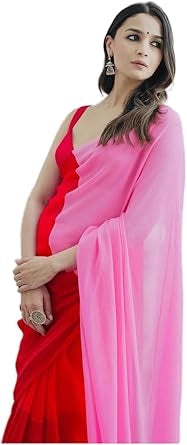 Georgette Colourblocked Saree for Women (Red & Pink, 6.3 m)