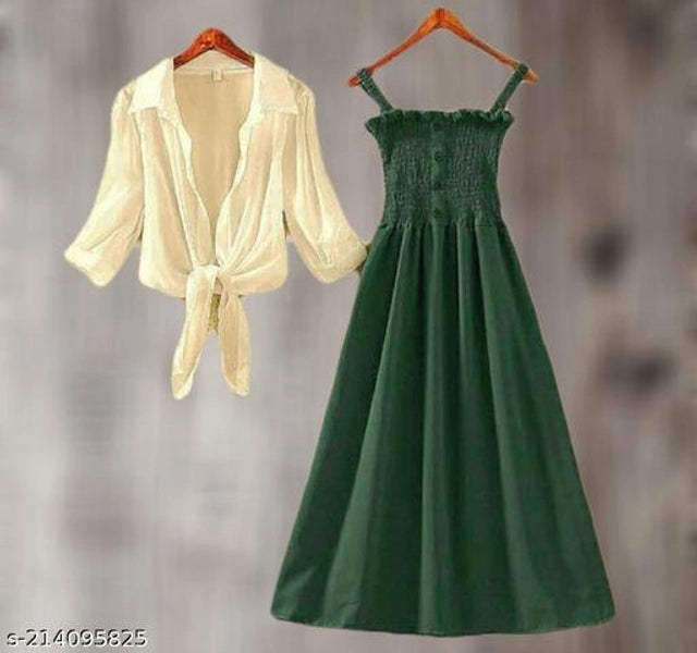 Poly Crepe Dress for Women (Green & White, S)