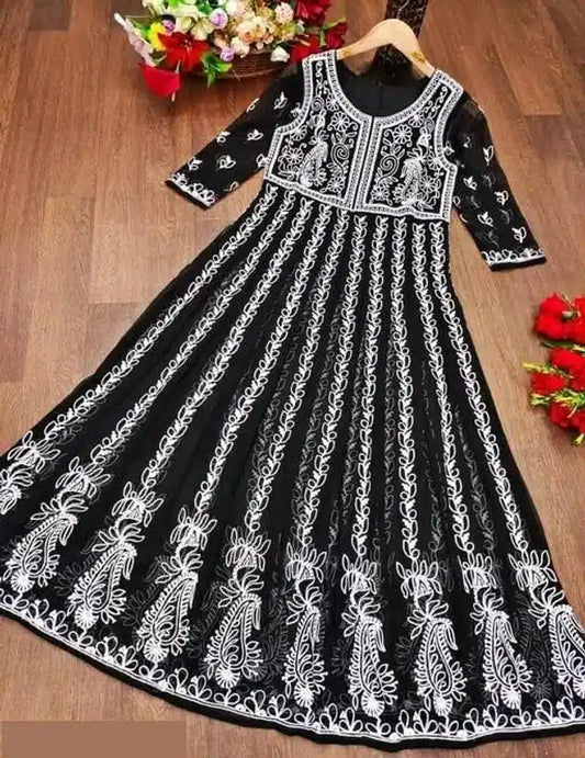 Georgette Embroidered Kurti for Women (Black & White, S)