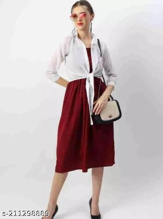 Poly Crepe Dress for Women (Maroon & White, S)