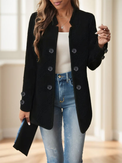Elegant Plus Size Women'S Casual Knit Polyester Jacket With Double Button Detail And Decorative Pockets