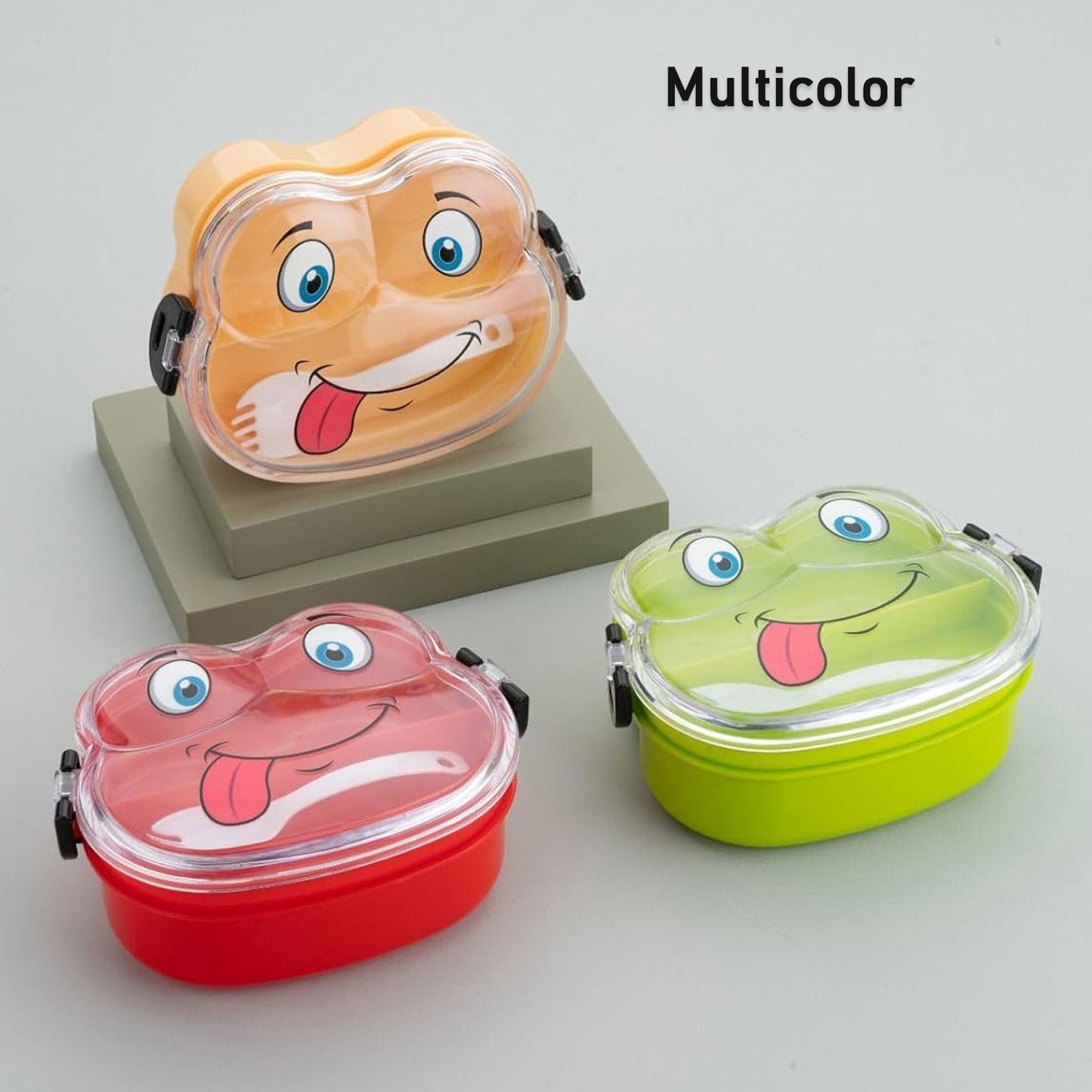 Double Layer Froggy Shape Lunch Box With Spoon (1 Pc  Mix Color)