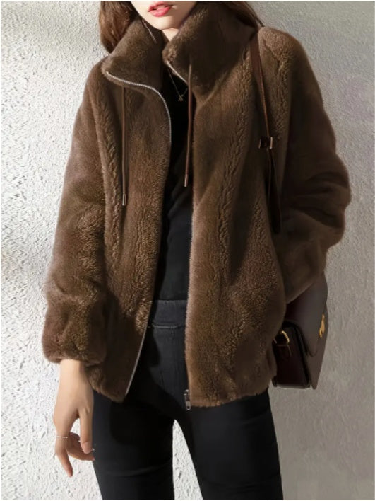 Drawstring Teddy Coat Casual Zip Up Long Sleeve Warm Outerwear Women's Clothing